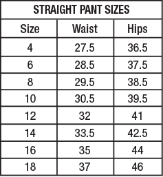 Women's Straight Leg Pants Size Chart